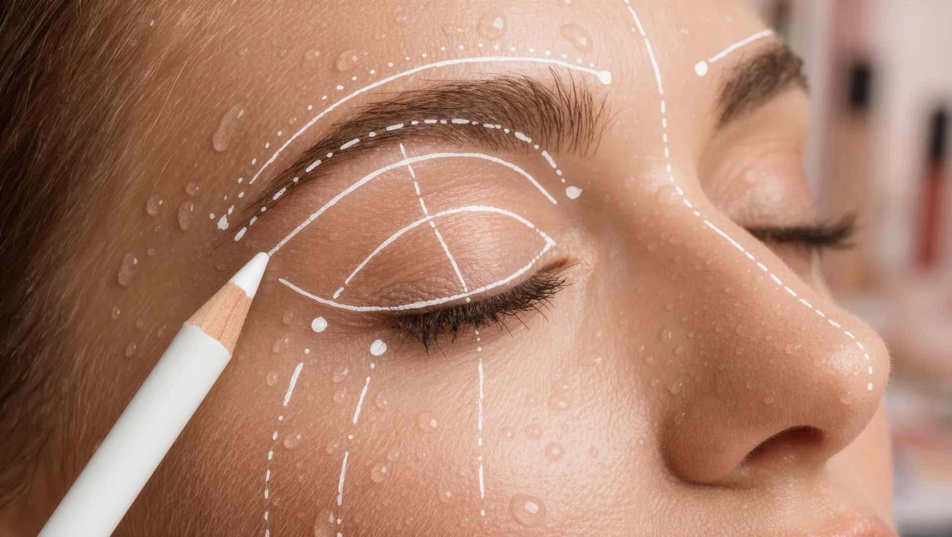 Brow Mapping: weiße Hilfslinien und Punkte auf der Haut zur Vorzeichnung der Brauenform