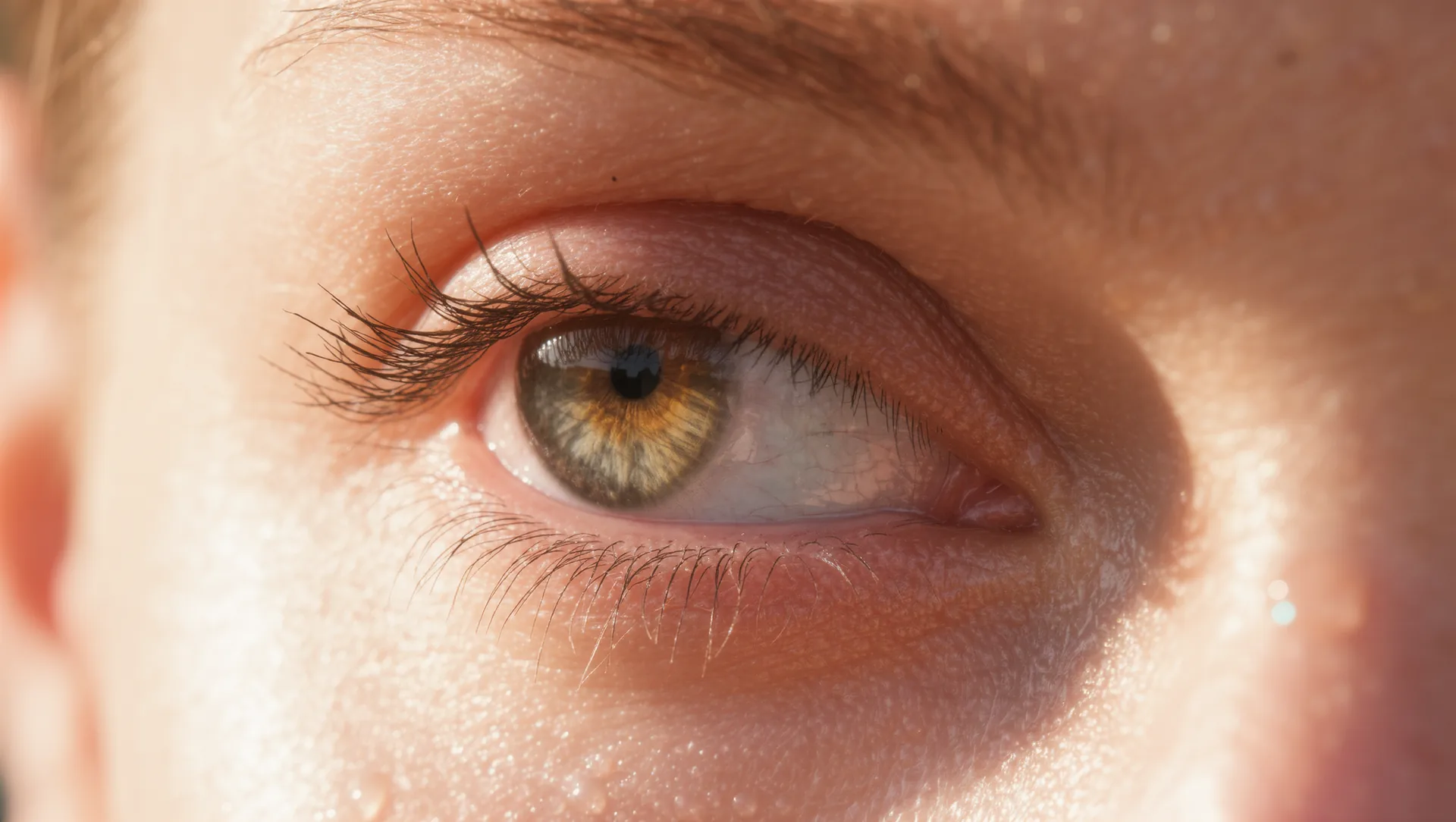 Auge mit fein pigmentiertem Wimpernkranz und zartem Lidstrich in Braun