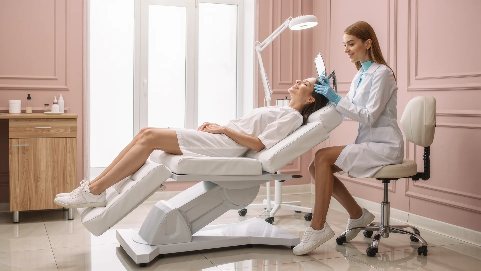Beratungsgespräch in einem hellen Permanent Make-up Studio, die Kundin prüft ihre Brauen im Handspiegel