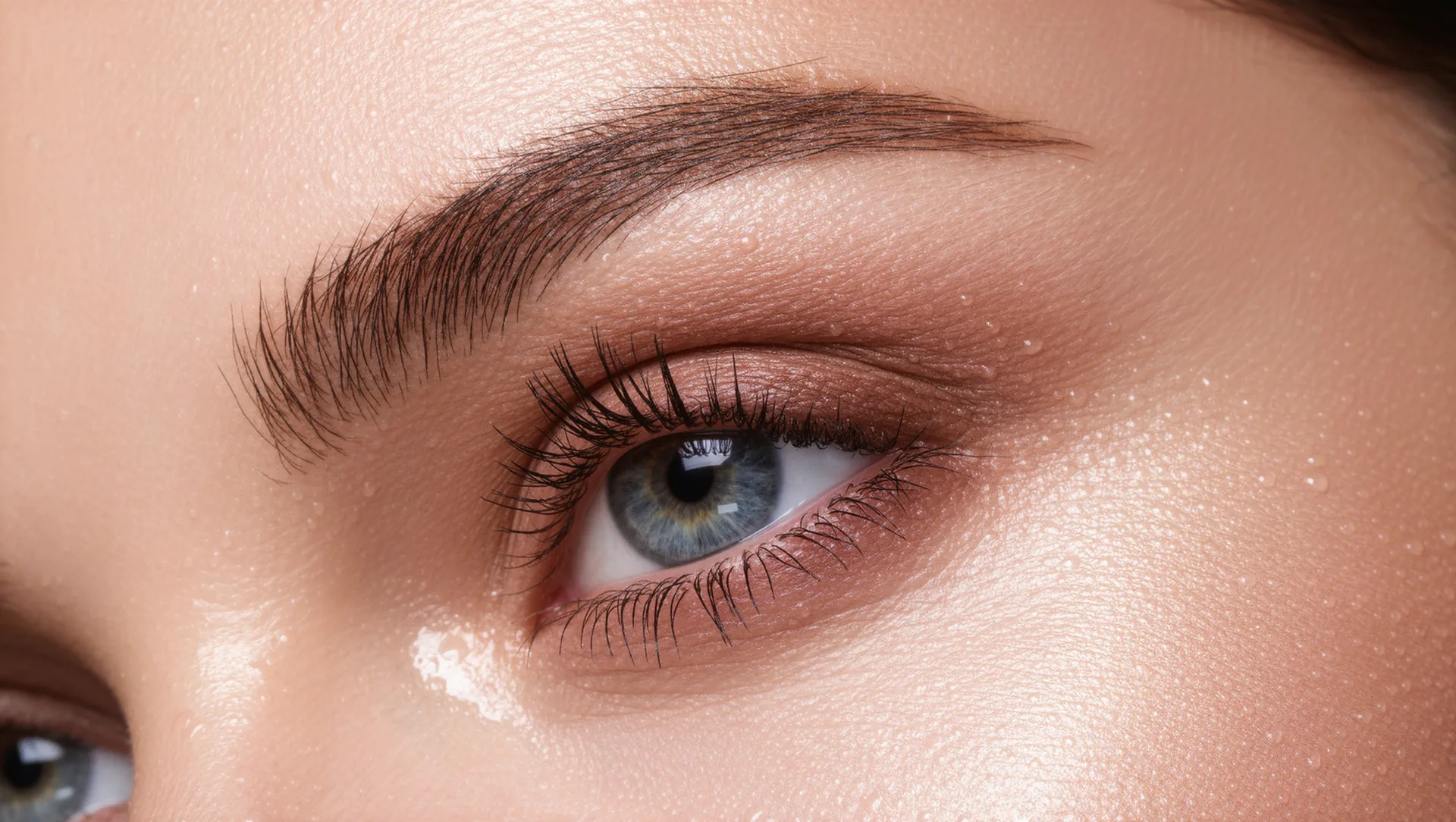 Weich schattierte Augenbrauen im Powder-Brows-Stil, Nahaufnahme im Tageslicht